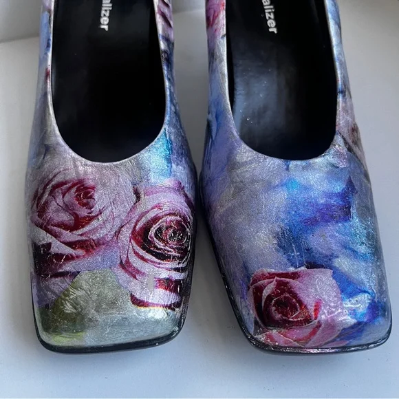 Unique custom foil pastel floral leather block heels size 8.5